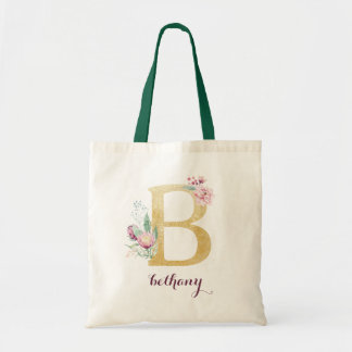 Bloemengoud groen Paarse gepersonaliseerde monogra Tote Bag