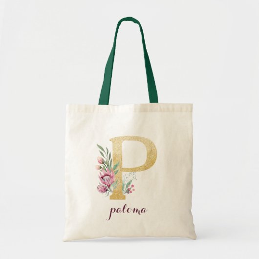 Bloemengoud groen Paarse gepersonaliseerde monogra Tote Bag (Voorkant)