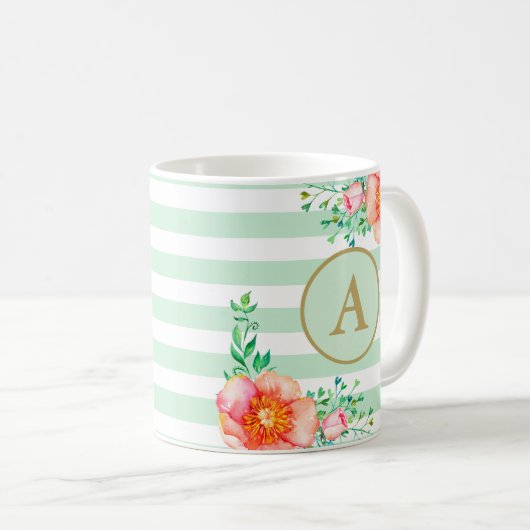  Bloemengoud Monogram Mint wit gestreept Koffiemok (Voorkant rechts)