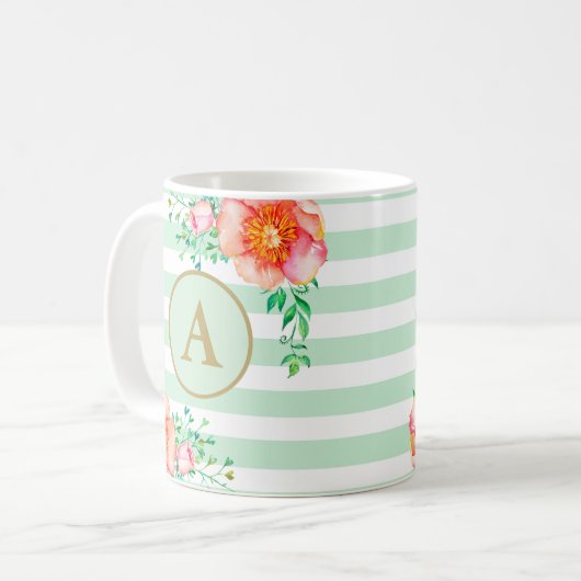  Bloemengoud Monogram Mint wit gestreept Koffiemok (Voorkant links)