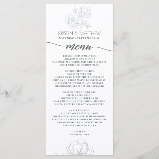 bloemengrijs modern elegant bruiloft menu (Voorkant)
