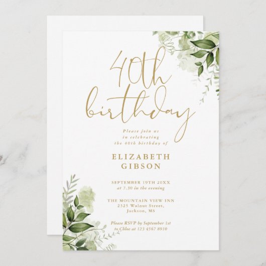 Bloemengroen 40e verjaardagsfeestje kaart (Voorkant / Achterkant)