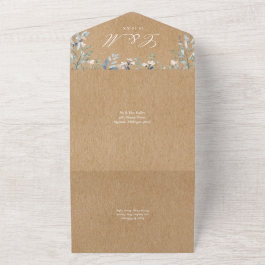 Bloemengroen Cascade Rustic Kraft Wedding All In One Uitnodiging (Buitenkant)