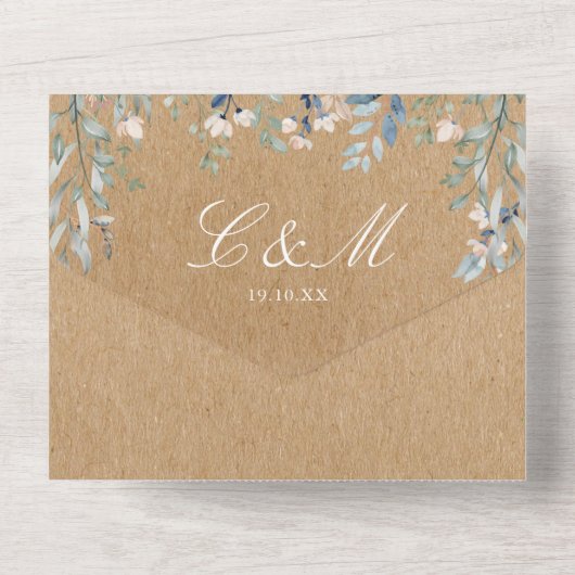 Bloemengroen Cascade Rustic Kraft Wedding All In One Uitnodiging (Achterkant)