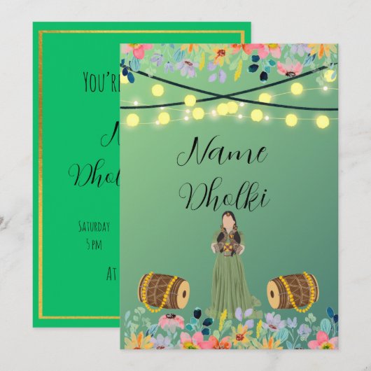 Bloemengroen Dholki avond uitnodiging (Voorkant / Achterkant)