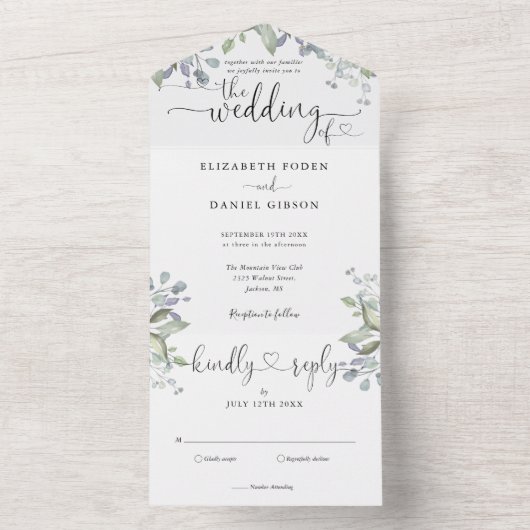 Bloemengroen Elegant Script Hearts Bruiloft All In One Uitnodiging (Binnen)