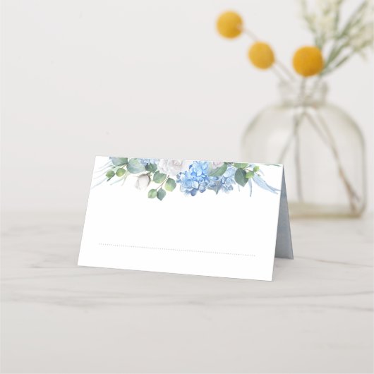 Bloemengroen Elegant Stoffig Blauw Bruiloft Plaatskaartje (Voorkant)