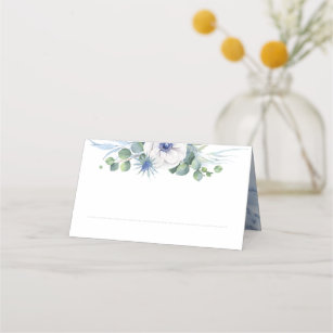 Bloemengroen Elegant Stoffig Blauw Bruiloft Plaatskaartje