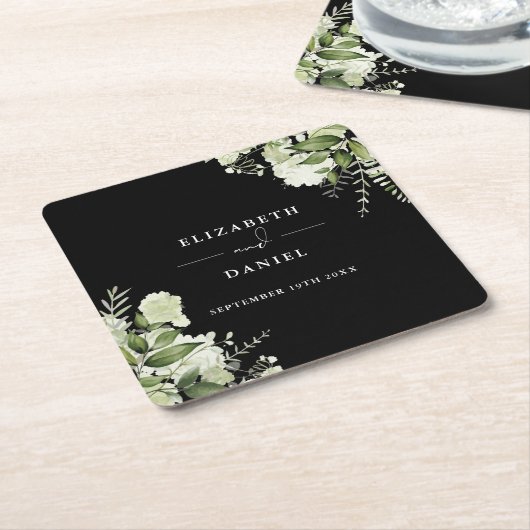 Bloemengroen Elegante zwart-witte bruiloft Kartonnen Onderzetters (Schuin)