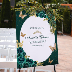 Bloemengroen Gouden Tiara Vlinder Quinceañera Poster