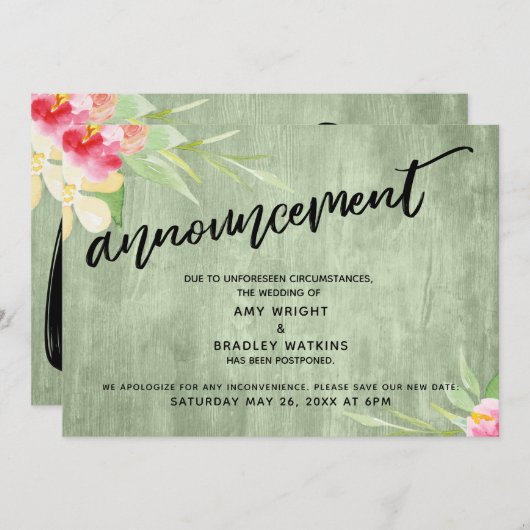 Bloemengroen hout "Aankondiging" Uitgestelde bruil Kaart (Voorkant / Achterkant)