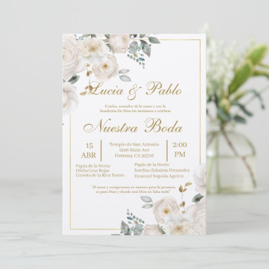 Bloemengroen Huwelijksuitnodiging in het Spaans Kaart (Staand voorkant)