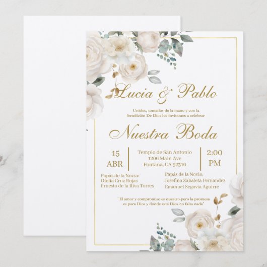 Bloemengroen Huwelijksuitnodiging in het Spaans Kaart (Voorkant / Achterkant)