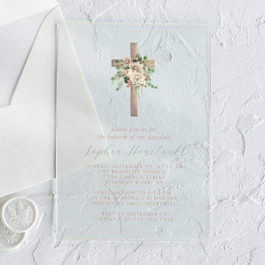 Bloemengroen Ivoor Roos Gold Cross Girl Doop Acryl Uitnodigingen