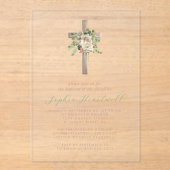 Bloemengroen Ivoor Roos Gold Cross Girl Doop Acryl Uitnodigingen (Voorkant)
