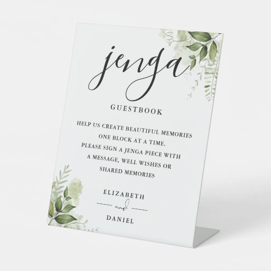 Bloemengroen Jenga Bruiloft Gastenboek Reclamebord Met Voetstuk (Voorkant)