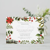 Bloemengroen Kerstfeest Zilver Folie Uitnodiging (Staand Voorkant)