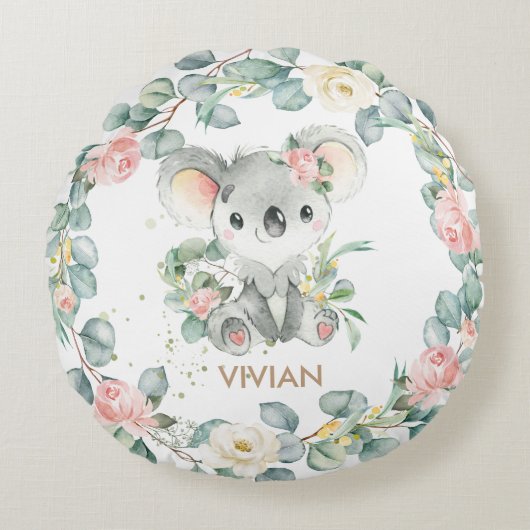 Bloemengroen Koala Girl Nursery Slaapkamer Decor Rond Kussen (Voorkant)