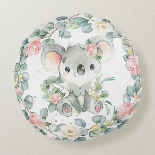 Bloemengroen Koala Girl Nursery Slaapkamer Decor Rond Kussen (Achterkant)