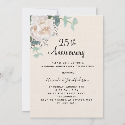 Bloemengroen linnen 25e huwelijksverjaardag kaart (Voorkant)