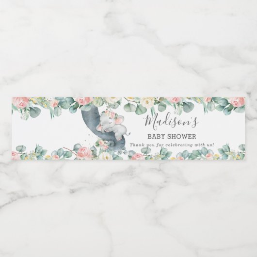 Bloemengroen Olifant Meisje Baby shower Favor Waterfles Etiket (Enkel label)