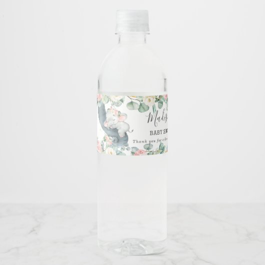 Bloemengroen Olifant Meisje Baby shower Favor Waterfles Etiket (Voorkant)