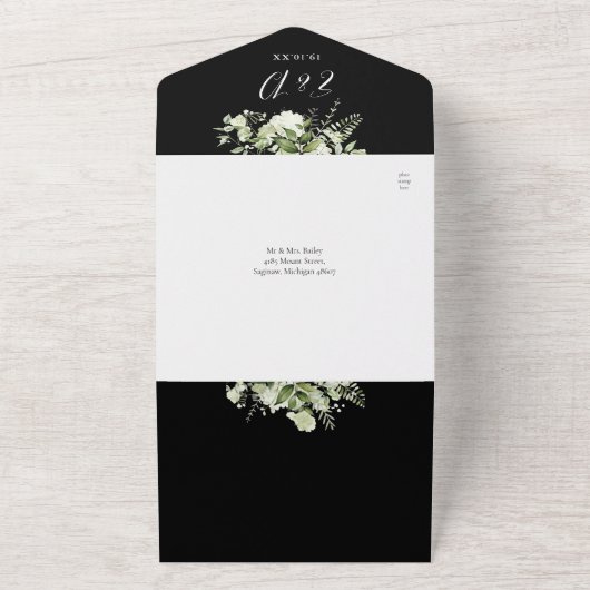 Bloemengroen QR Code Script bruiloft foto All In One Uitnodiging (Buitenkant)