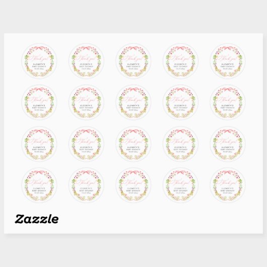 Bloemengroen Roze strik Baby shower Ronde Sticker (Vel)