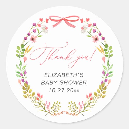 Bloemengroen Roze strik Baby shower Ronde Sticker (Voorkant)