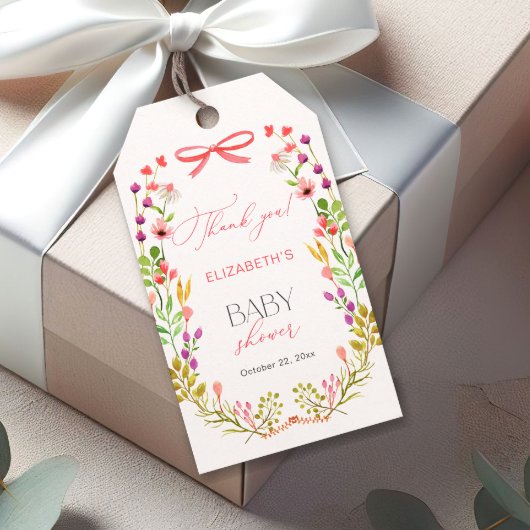 Bloemengroen Roze strik Rustiek Baby shower Cadeaulabel