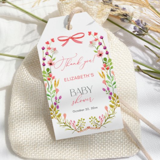 Bloemengroen Roze strik Rustiek Baby shower Cadeaulabel
