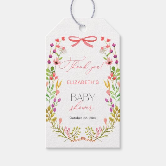 Bloemengroen Roze strik Rustiek Baby shower Cadeaulabel (Voorkant)