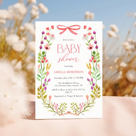 Bloemengroen Roze strik Rustiek Baby shower Kaart