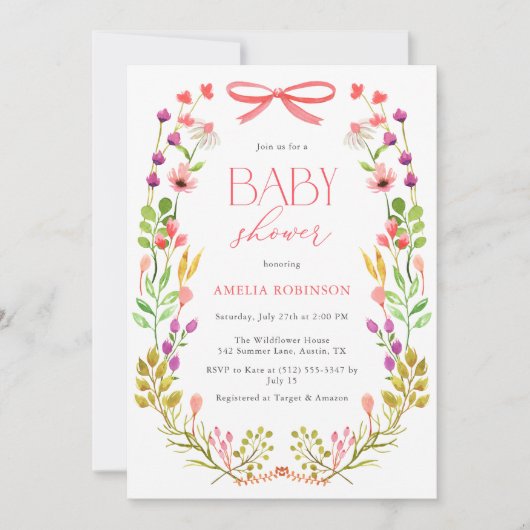 Bloemengroen Roze strik Rustiek Baby shower Kaart (Voorkant)