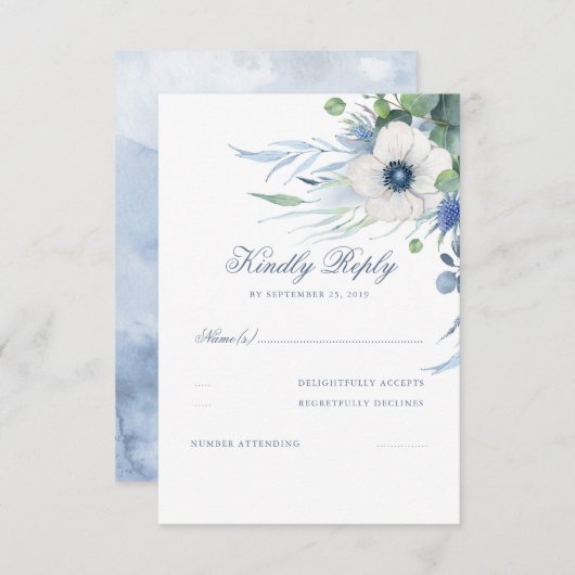 Bloemengroen Stoffig Blauw Bruiloft RSVP (Voorkant / Achterkant)