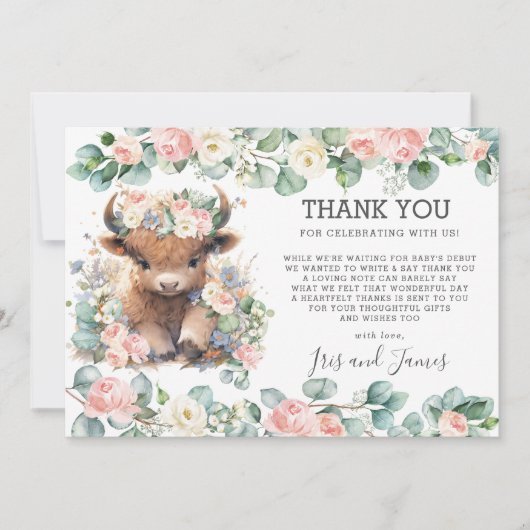 Bloemengroen Sweet Highland Koe Baby shower Bedankkaart (Voorkant)
