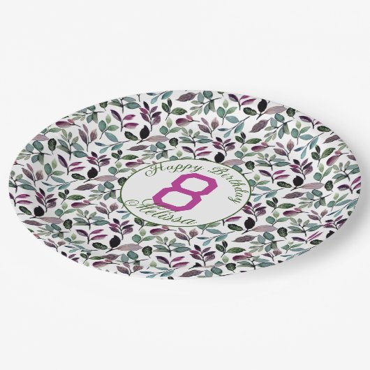 Bloemengroen Waterverf Verjaardagsnaam Papieren Bordje (Gekanteld)