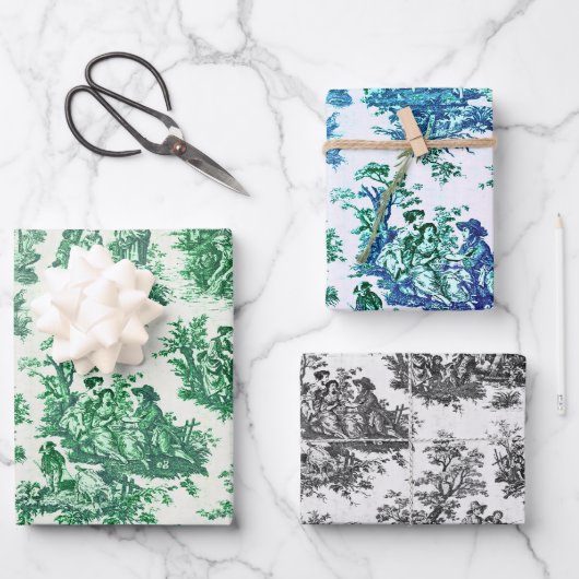  bloemengroene toile jouy inpakpapier vel (Voorkant)