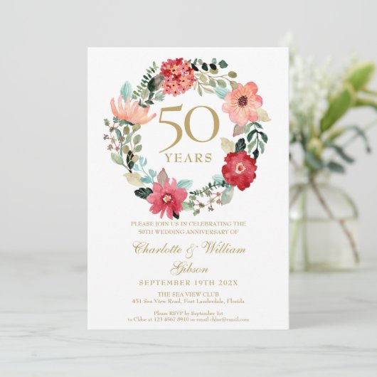 Bloemenguirlande Chic Goud 50ste trouwdag Kaart (Staand voorkant)