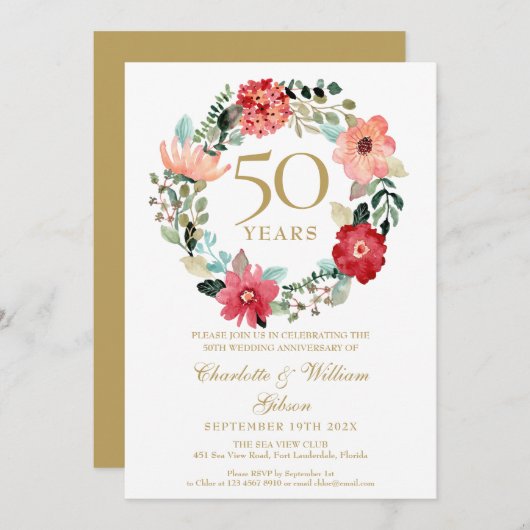 Bloemenguirlande Chic Goud 50ste trouwdag Kaart (Voorkant / Achterkant)