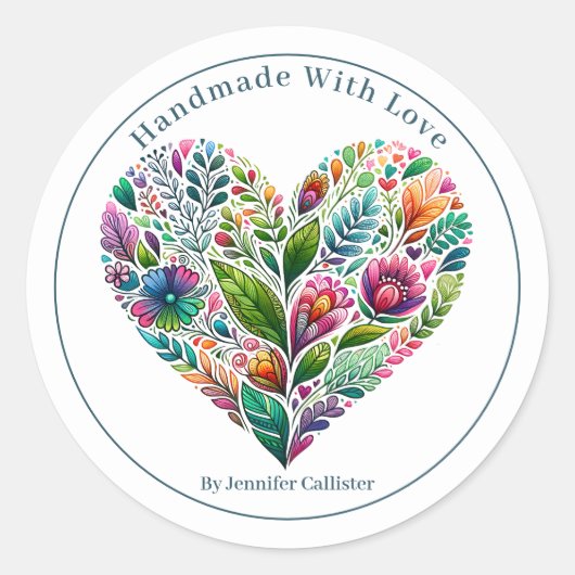bloemenhart "Handgemaakt met liefde" Marketing Ronde Sticker (Voorkant)