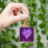 Bloemenhart op Paarse Custom Square Sleutelhanger (Hand)