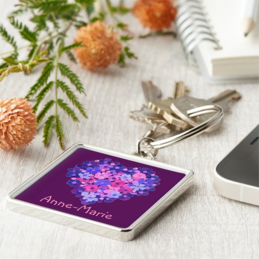 Bloemenhart op Paarse Custom Square Sleutelhanger (Zijkant)