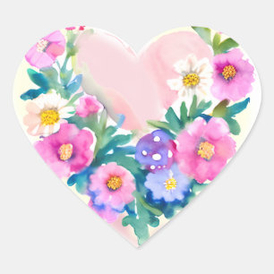 Bloemenhartkrans   Pastel Waterverf roze Hart Sticker
