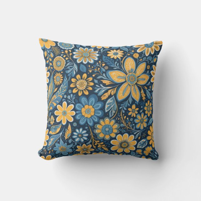  bloemenhippie design geel blauw buitenkussen (Voorkant)