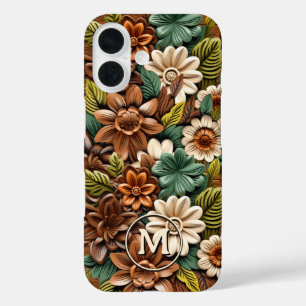 Bloemenhoutmonogram gepersonaliseerd iPhone 16 hoesje