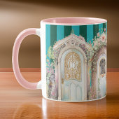  Bloemenhuisje Deuropeningen op Groene Strepen Mok