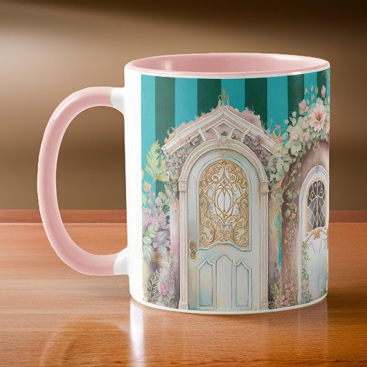  Bloemenhuisje Deuropeningen op Groene Strepen Mok