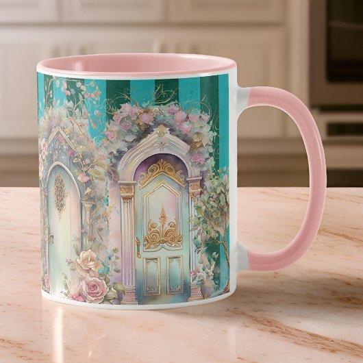  Bloemenhuisje Deuropeningen op Groene Strepen Mok