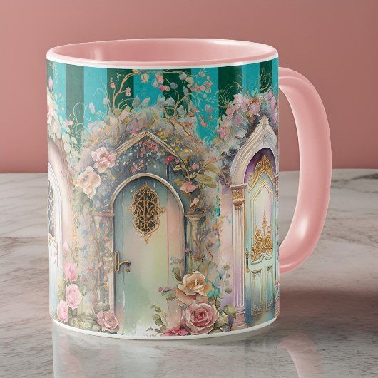  Bloemenhuisje Deuropeningen op Groene Strepen Mok